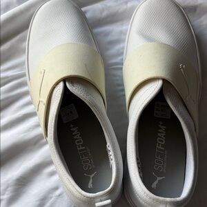Puma White and Tan Slip-On Sneakers